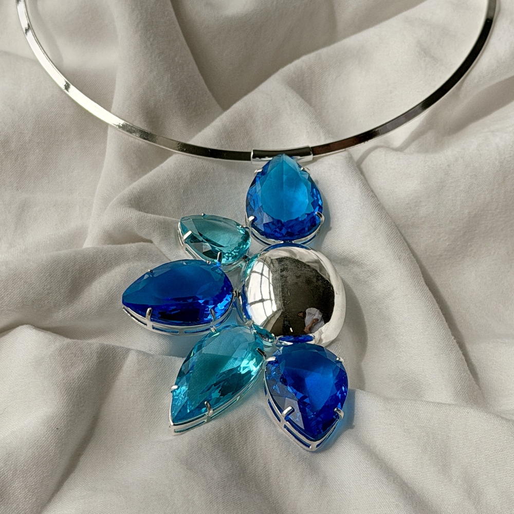 Oversized Flower Choker Necklace - Silver - Reconstituted Swiss and Sky Topaz